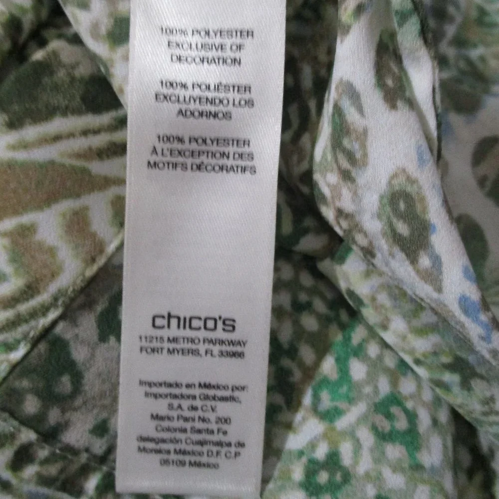 Chicos Animal Print Chiffon Tunic Blouse sz M Jeweled Collar Green Beige - Picture 12 of 12